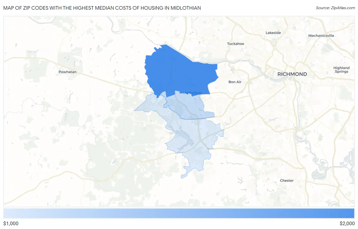Zip Codes with the Highest Median Costs of Housing in Midlothian Map