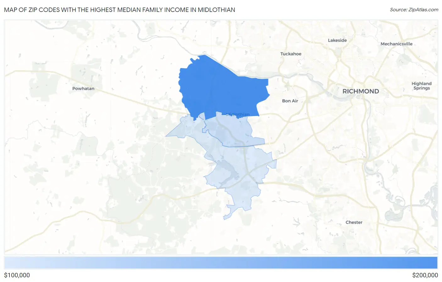 Zip Codes with the Highest Median Family Income in Midlothian Map