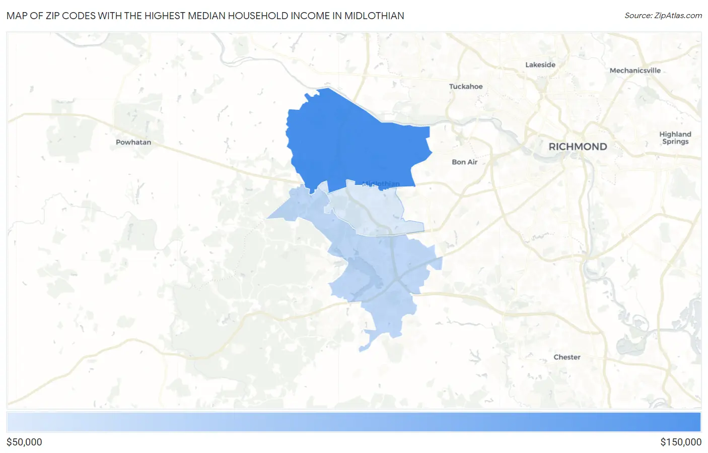 Zip Codes with the Highest Median Household Income in Midlothian Map