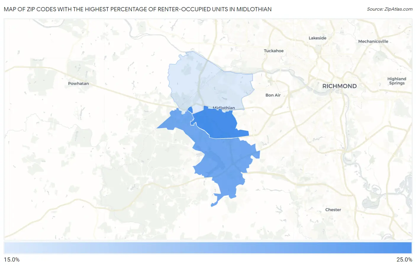 Zip Codes with the Highest Percentage of Renter-Occupied Units in Midlothian Map