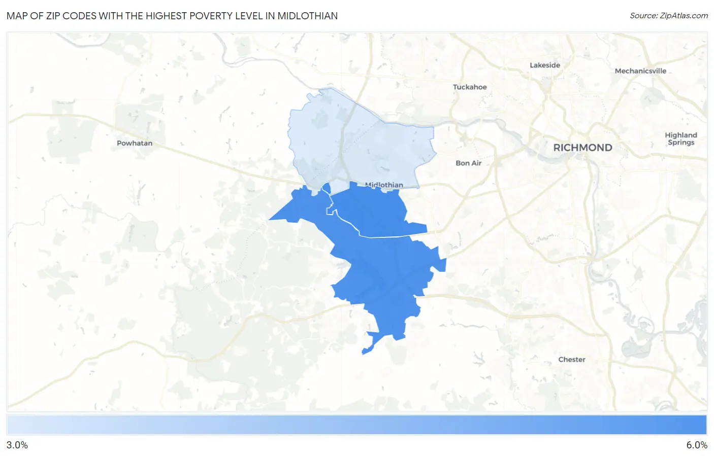 Zip Codes with the Highest Poverty Level in Midlothian Map