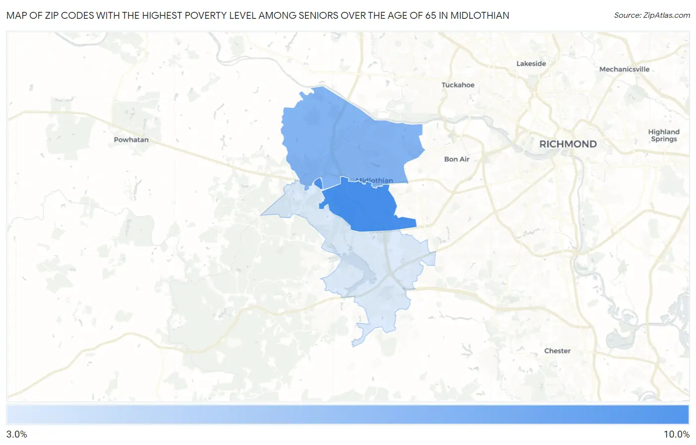 Zip Codes with the Highest Poverty Level Among Seniors Over the Age of 65 in Midlothian Map