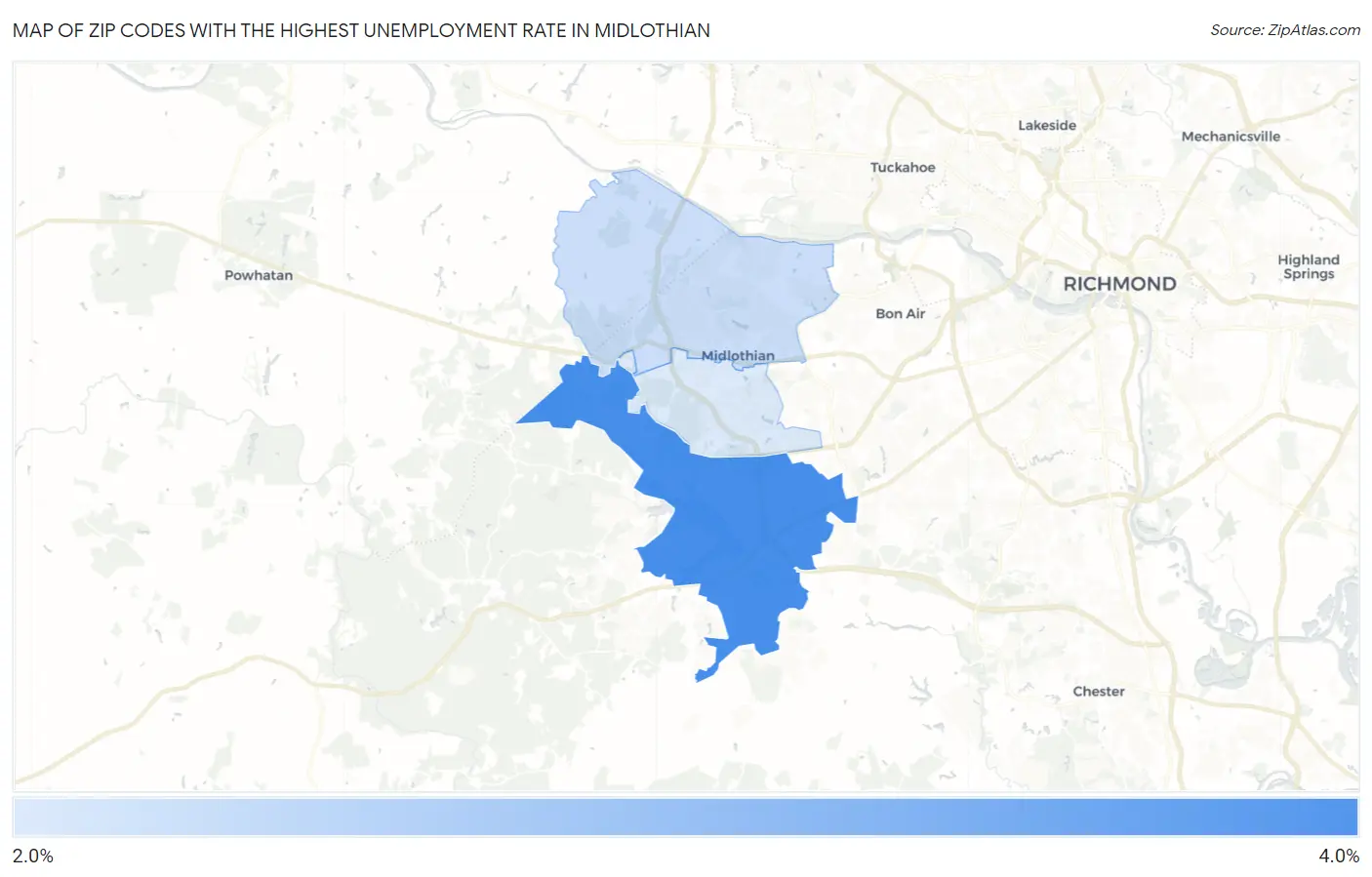 Zip Codes with the Highest Unemployment Rate in Midlothian Map