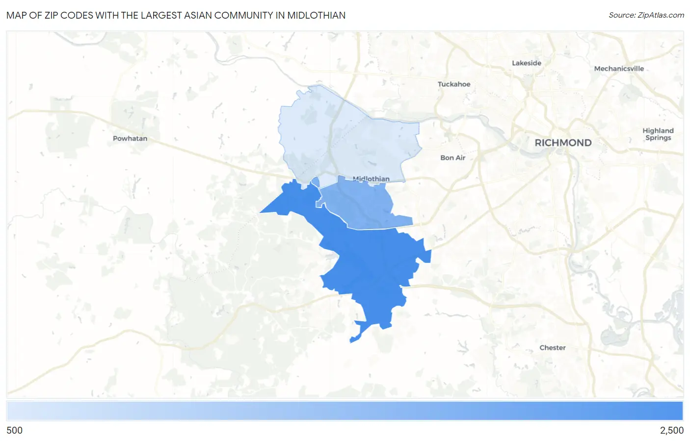 Zip Codes with the Largest Asian Community in Midlothian Map