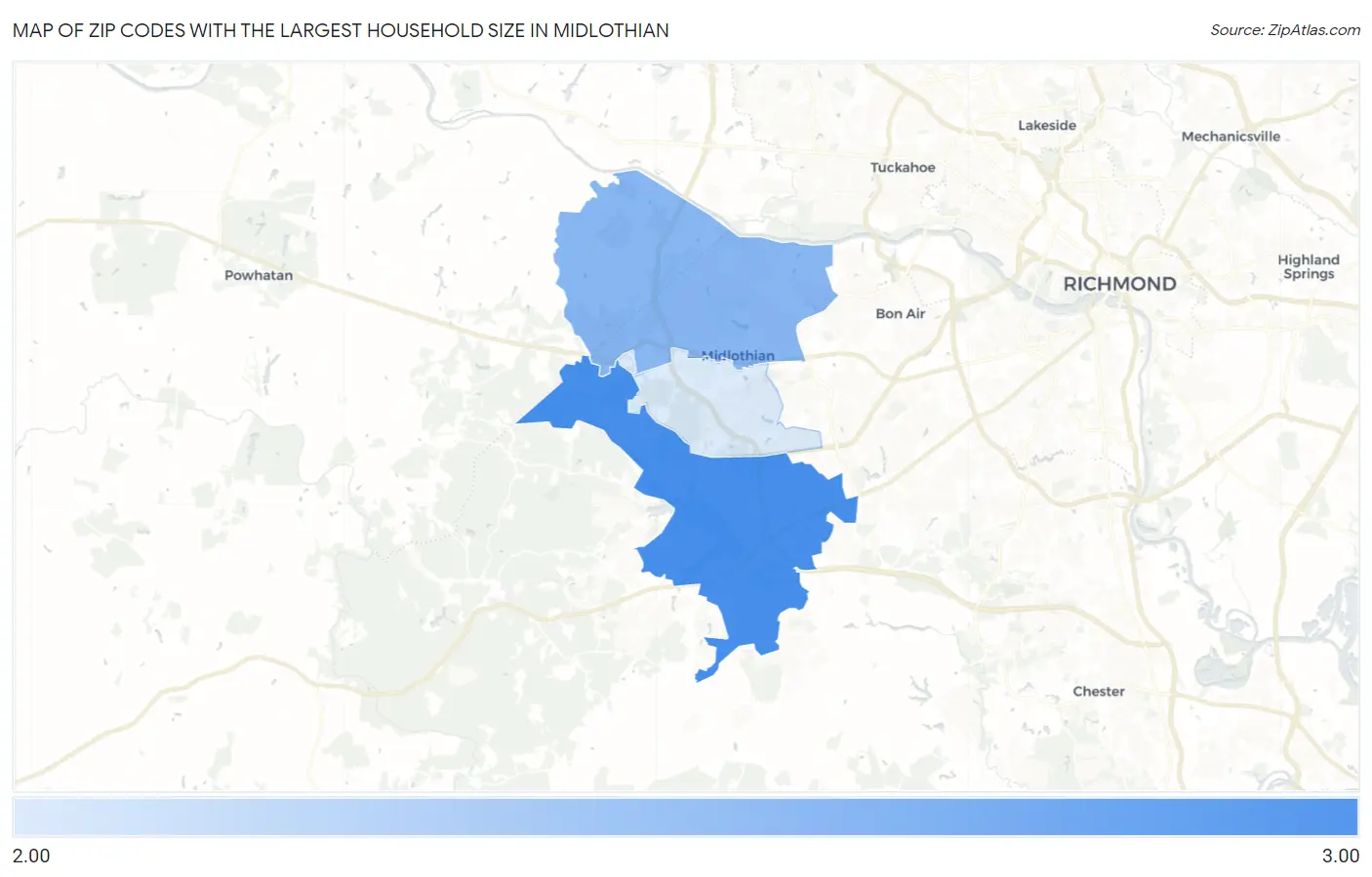 Zip Codes with the Largest Household Size in Midlothian Map