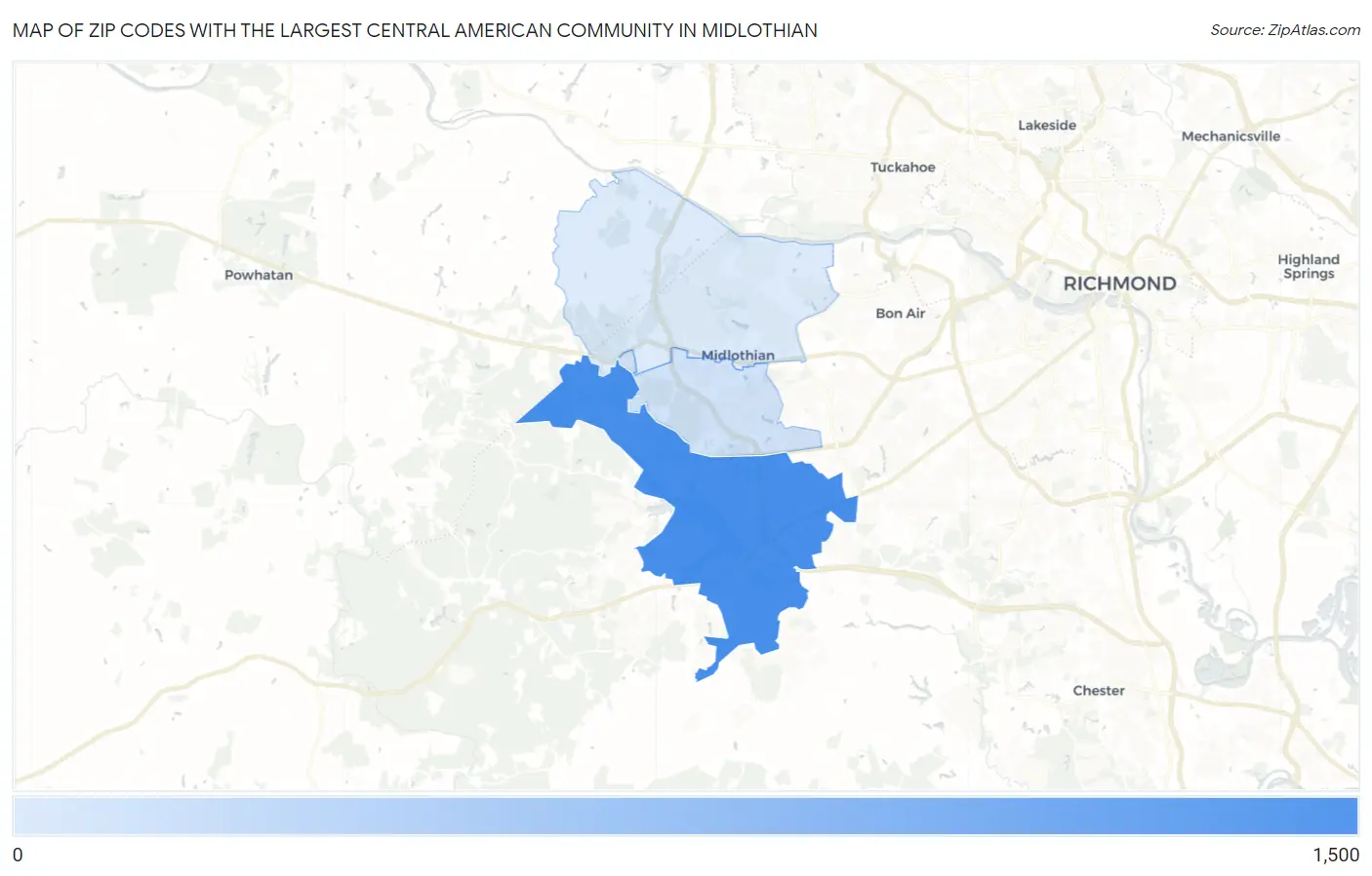 Zip Codes with the Largest Central American Community in Midlothian Map