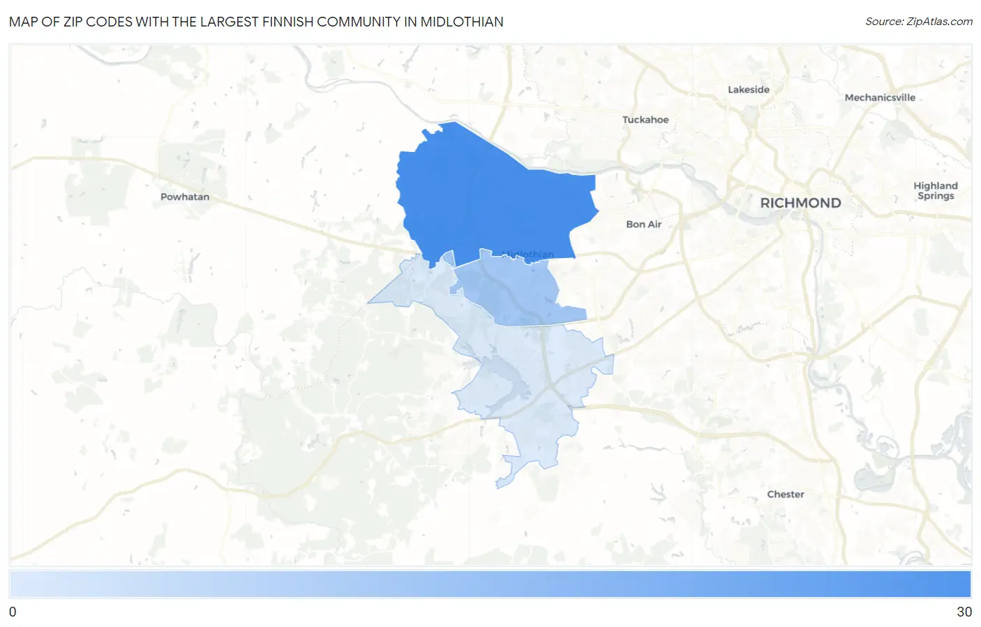 Zip Codes with the Largest Finnish Community in Midlothian Map