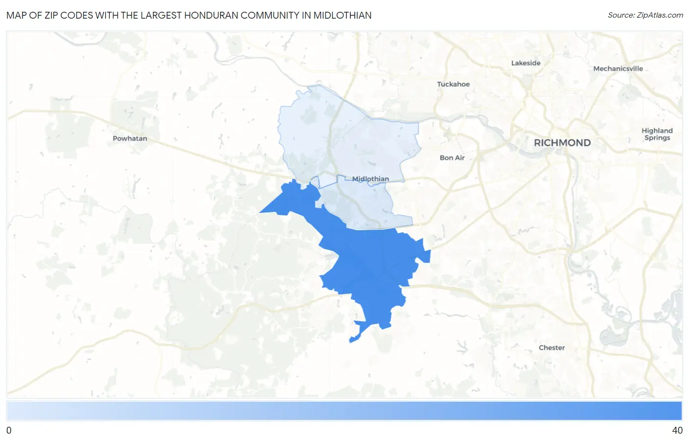 Zip Codes with the Largest Honduran Community in Midlothian Map