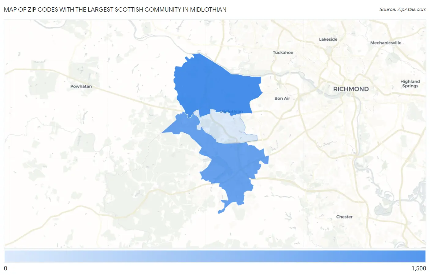 Zip Codes with the Largest Scottish Community in Midlothian Map