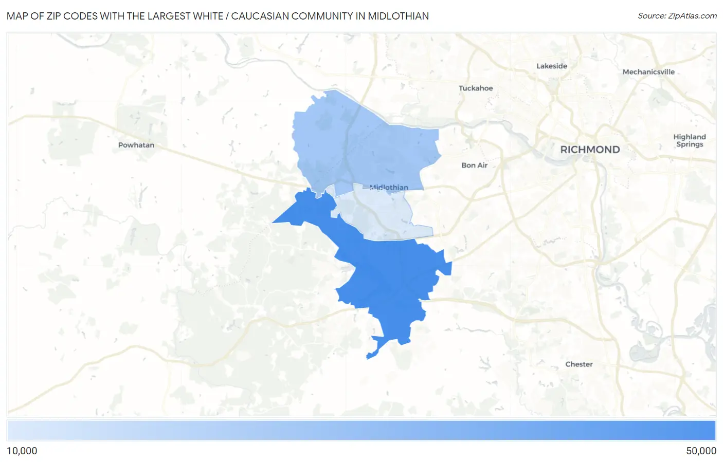 Zip Codes with the Largest White / Caucasian Community in Midlothian Map