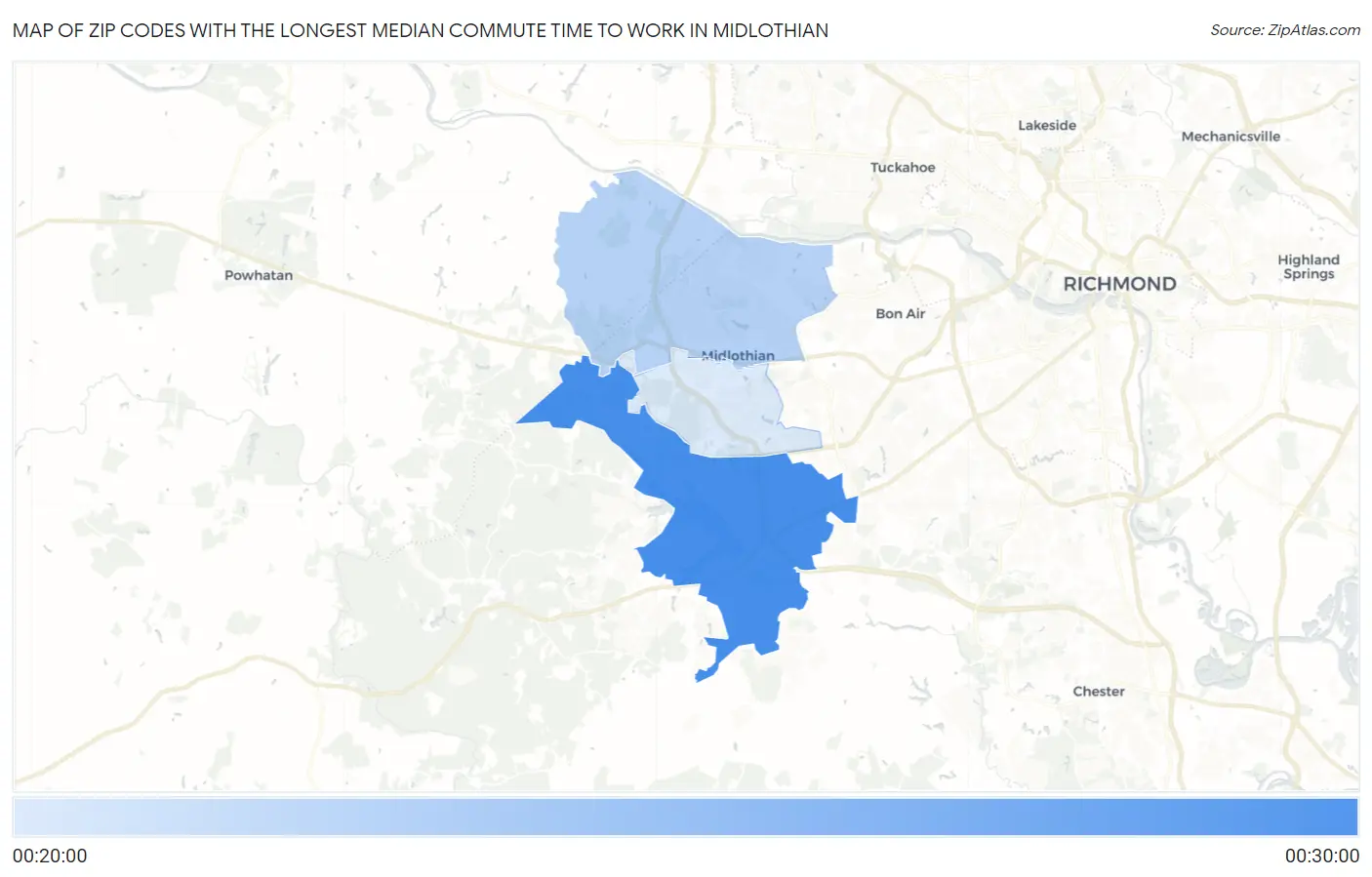 Zip Codes with the Longest Median Commute Time to Work in Midlothian Map