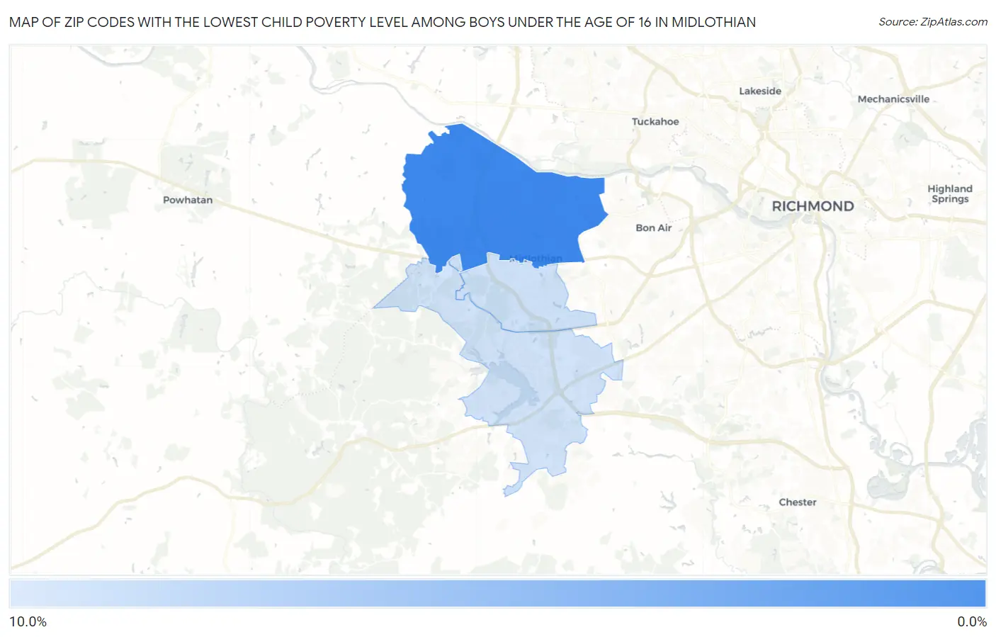 Zip Codes with the Lowest Child Poverty Level Among Boys Under the Age of 16 in Midlothian Map