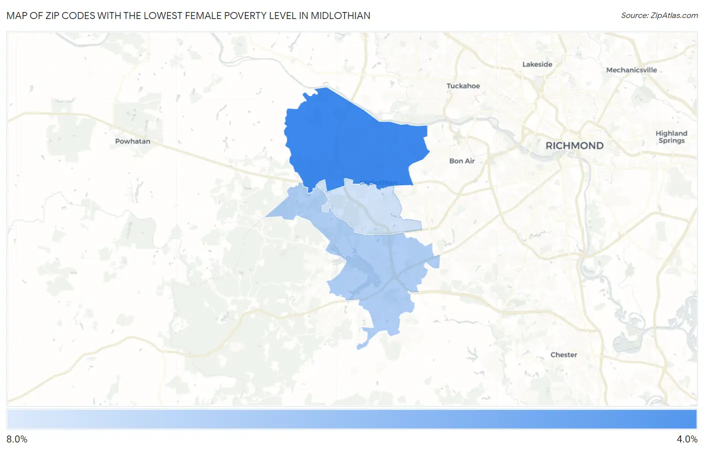 Zip Codes with the Lowest Female Poverty Level in Midlothian Map