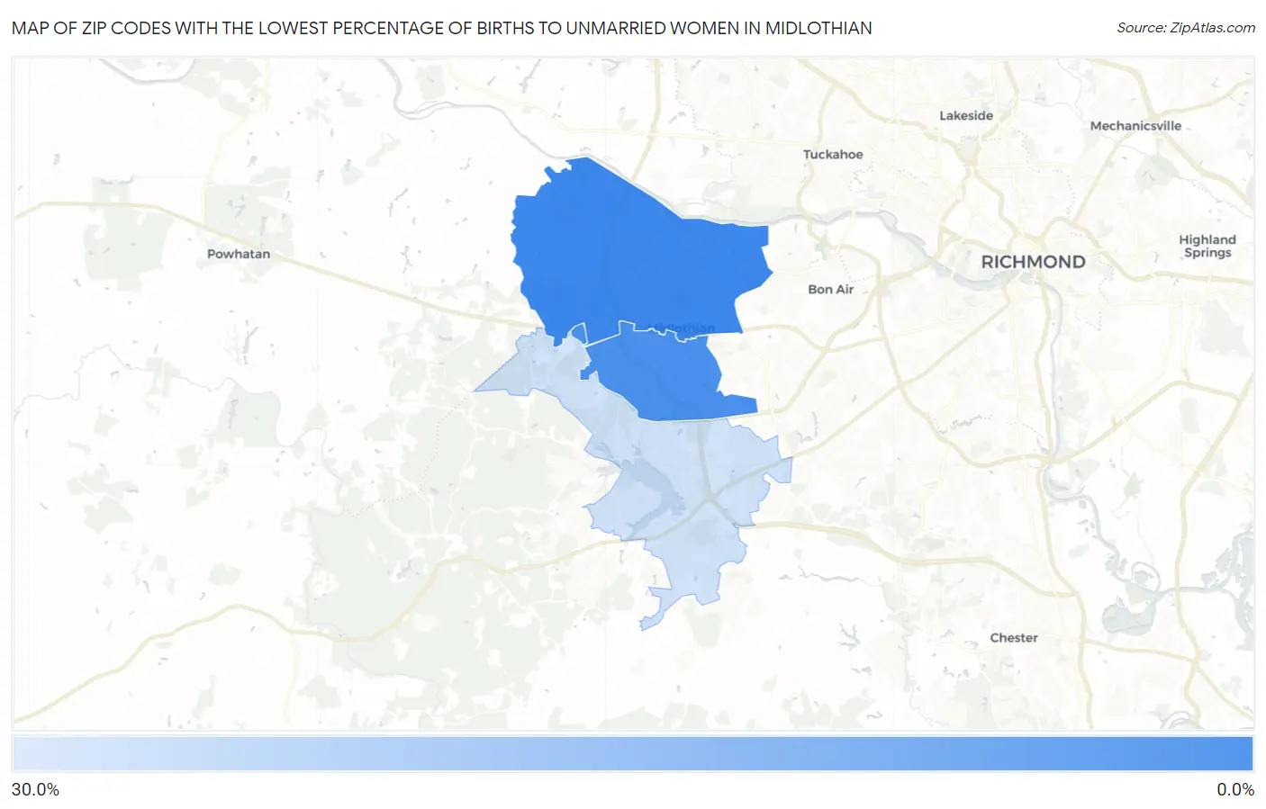 Zip Codes with the Lowest Percentage of Births to Unmarried Women in Midlothian Map