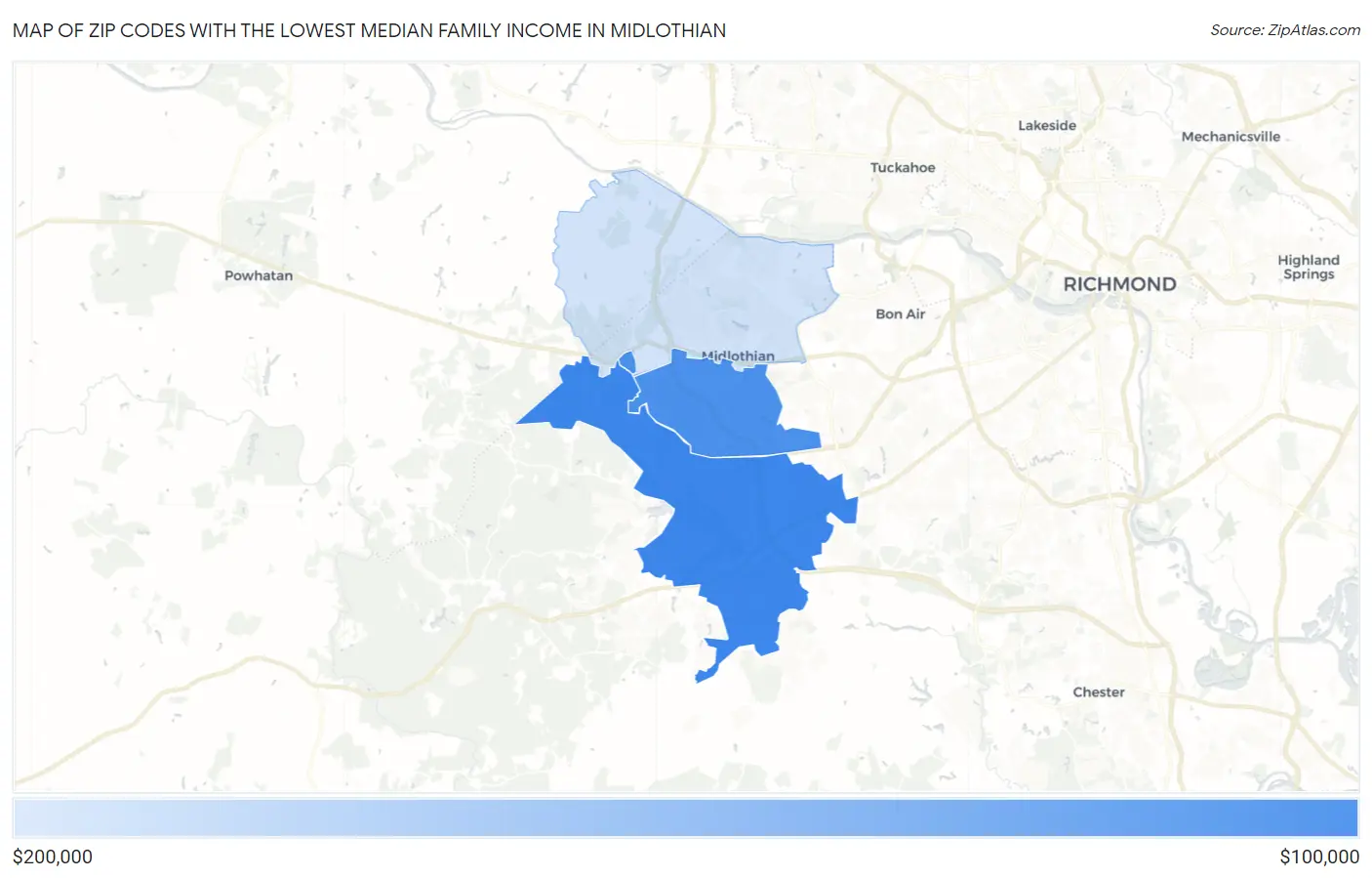 Zip Codes with the Lowest Median Family Income in Midlothian Map