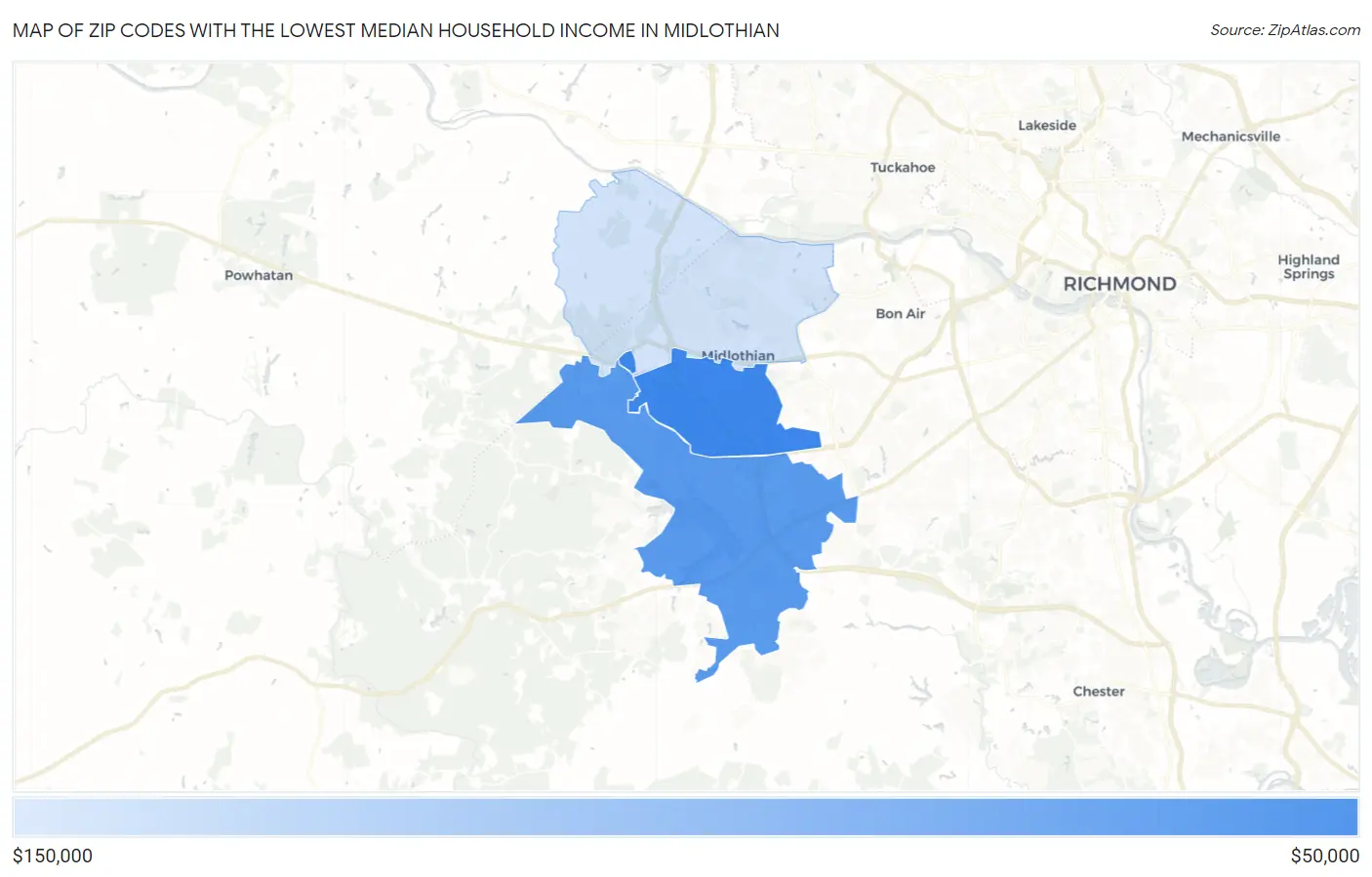 Zip Codes with the Lowest Median Household Income in Midlothian Map