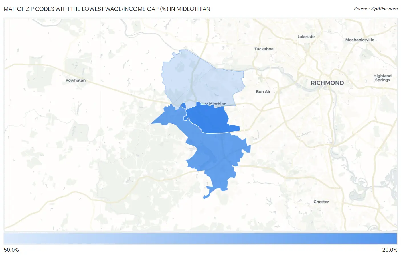 Zip Codes with the Lowest Wage/Income Gap (%) in Midlothian Map