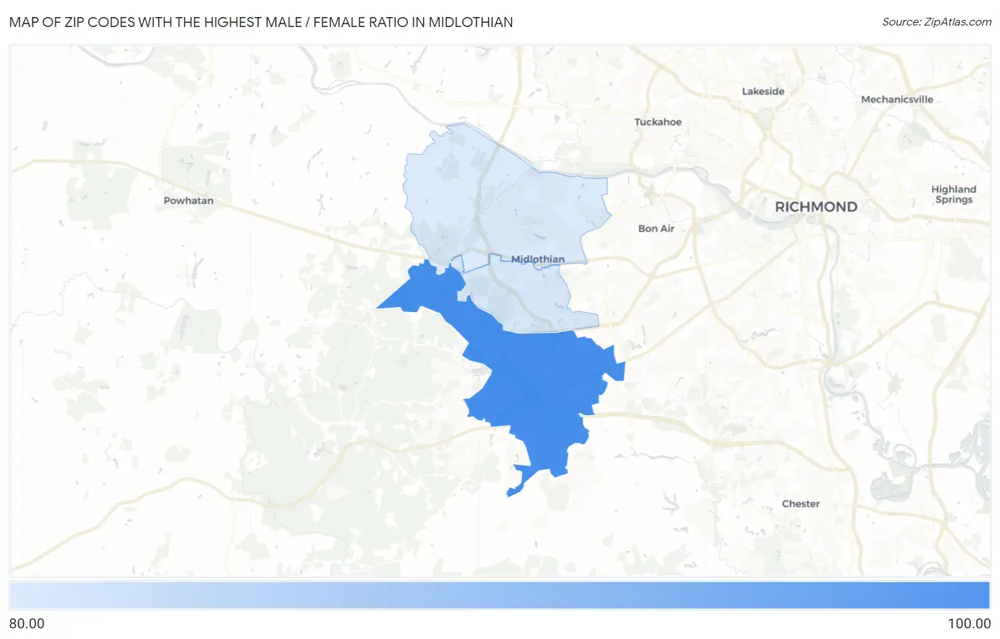 Zip Codes with the Highest Male / Female Ratio in Midlothian Map