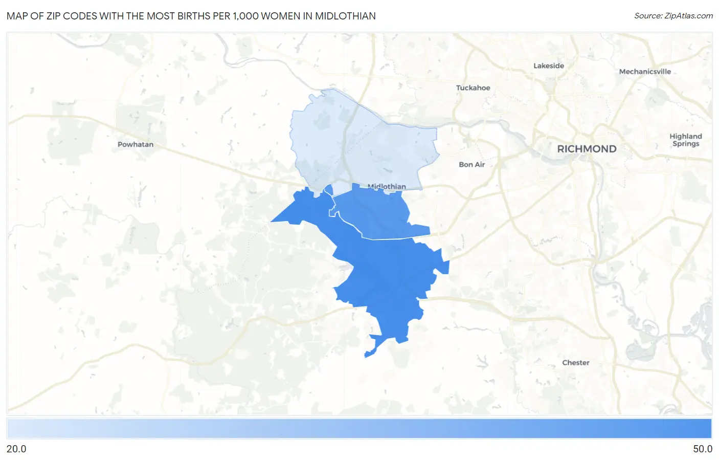 Zip Codes with the Most Births per 1,000 Women in Midlothian Map