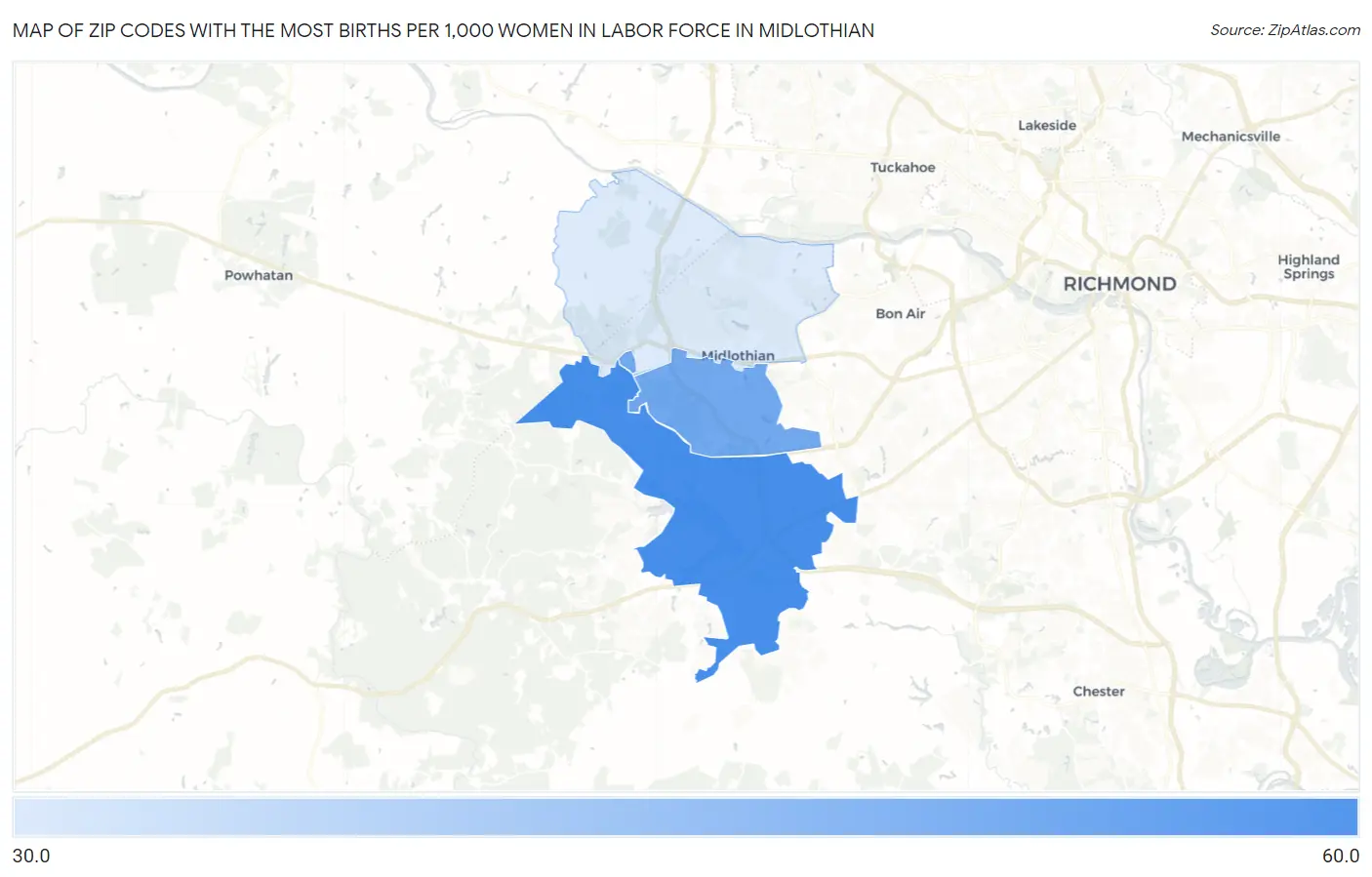 Zip Codes with the Most Births per 1,000 Women in Labor Force in Midlothian Map