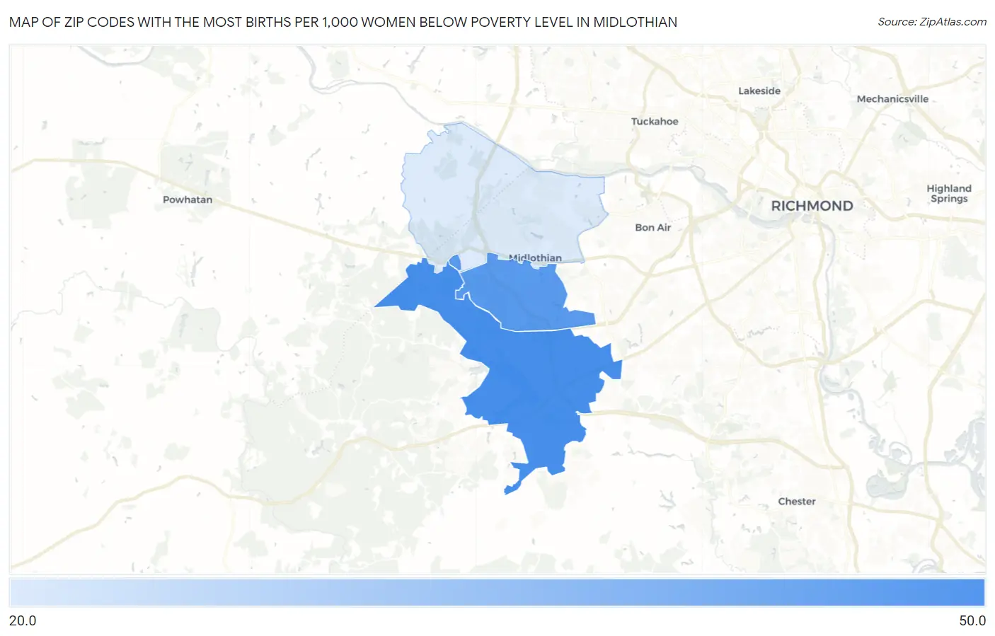 Zip Codes with the Most Births per 1,000 Women Below Poverty Level in Midlothian Map