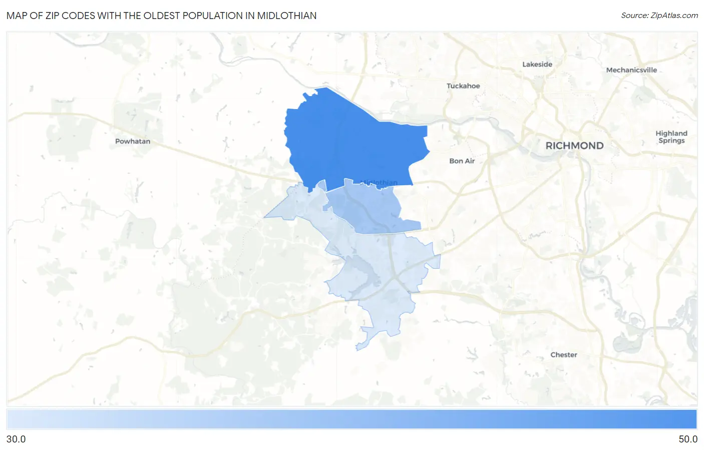 Zip Codes with the Oldest Population in Midlothian Map