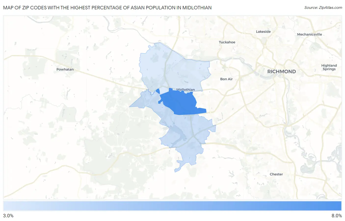 Zip Codes with the Highest Percentage of Asian Population in Midlothian Map