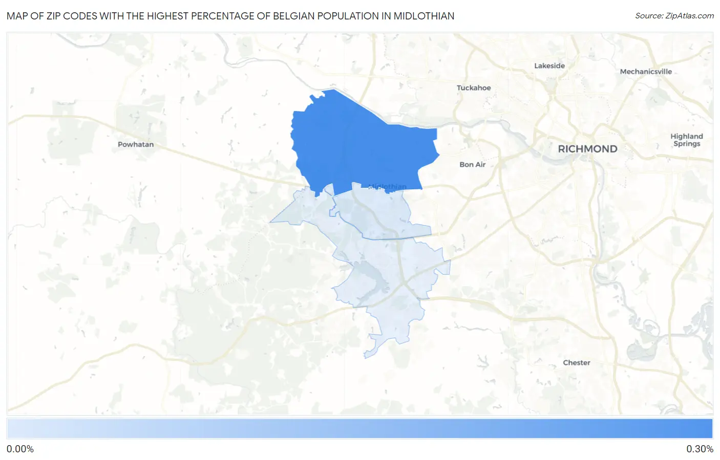 Zip Codes with the Highest Percentage of Belgian Population in Midlothian Map