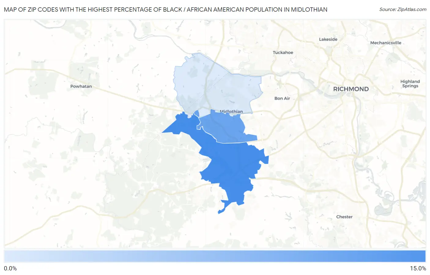 Zip Codes with the Highest Percentage of Black / African American Population in Midlothian Map