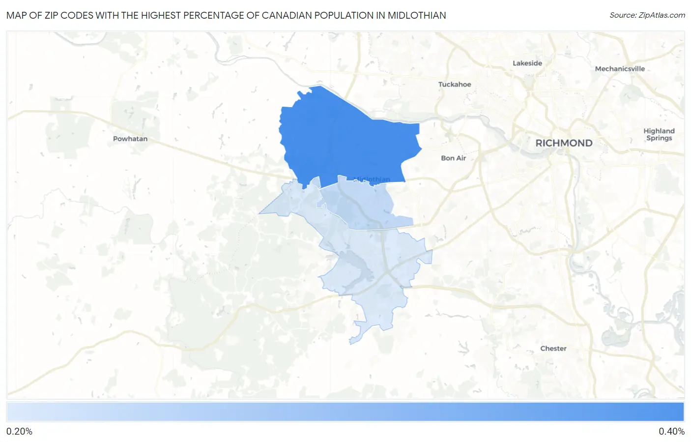 Zip Codes with the Highest Percentage of Canadian Population in Midlothian Map