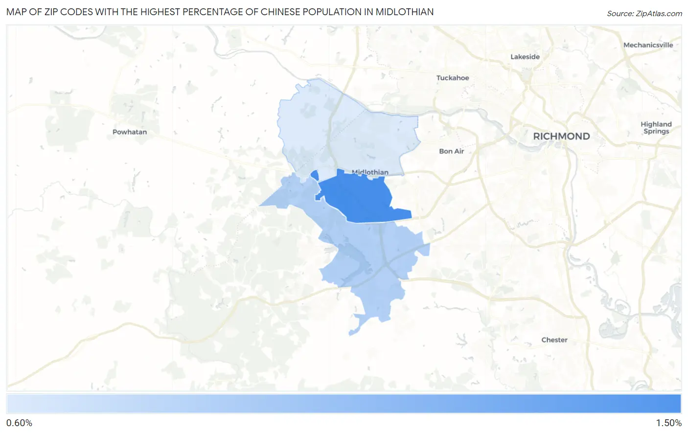 Zip Codes with the Highest Percentage of Chinese Population in Midlothian Map