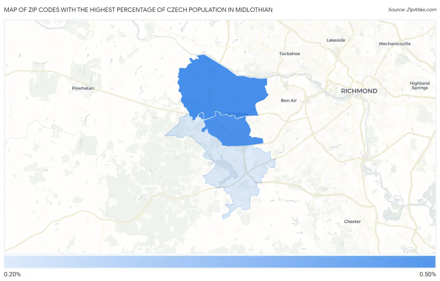 Zip Codes with the Highest Percentage of Czech Population in Midlothian Map