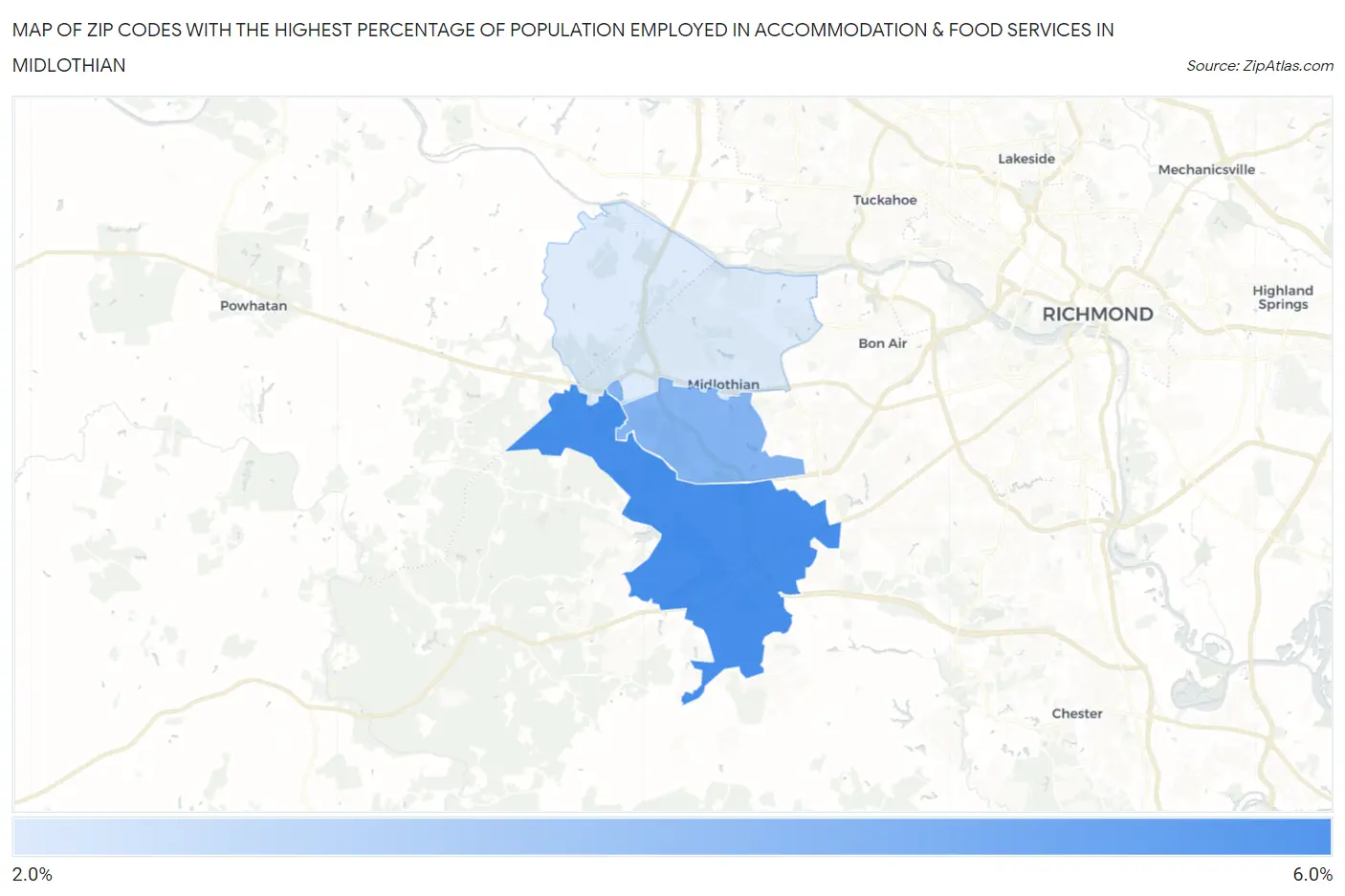 Zip Codes with the Highest Percentage of Population Employed in Accommodation & Food Services in Midlothian Map