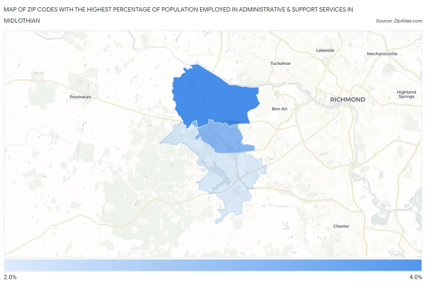 Zip Codes with the Highest Percentage of Population Employed in Administrative & Support Services in Midlothian Map
