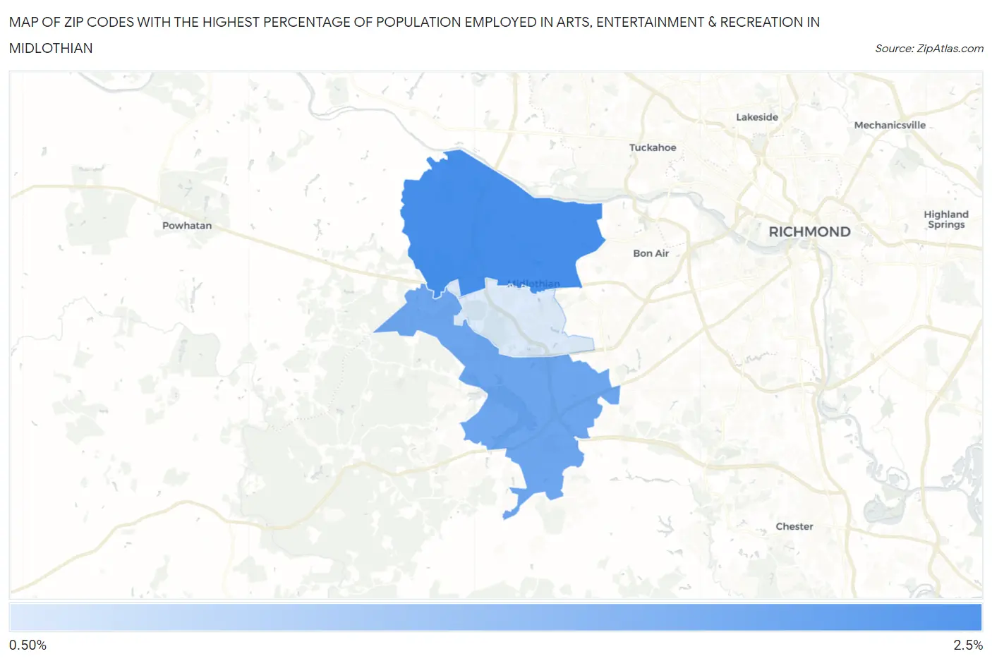 Zip Codes with the Highest Percentage of Population Employed in Arts, Entertainment & Recreation in Midlothian Map