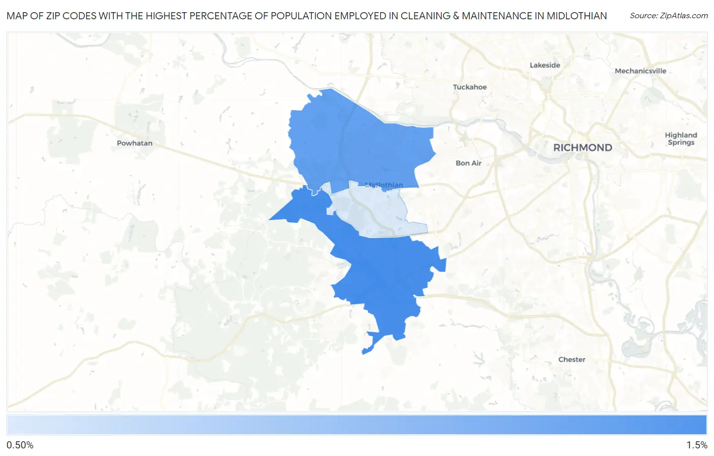 Zip Codes with the Highest Percentage of Population Employed in Cleaning & Maintenance in Midlothian Map