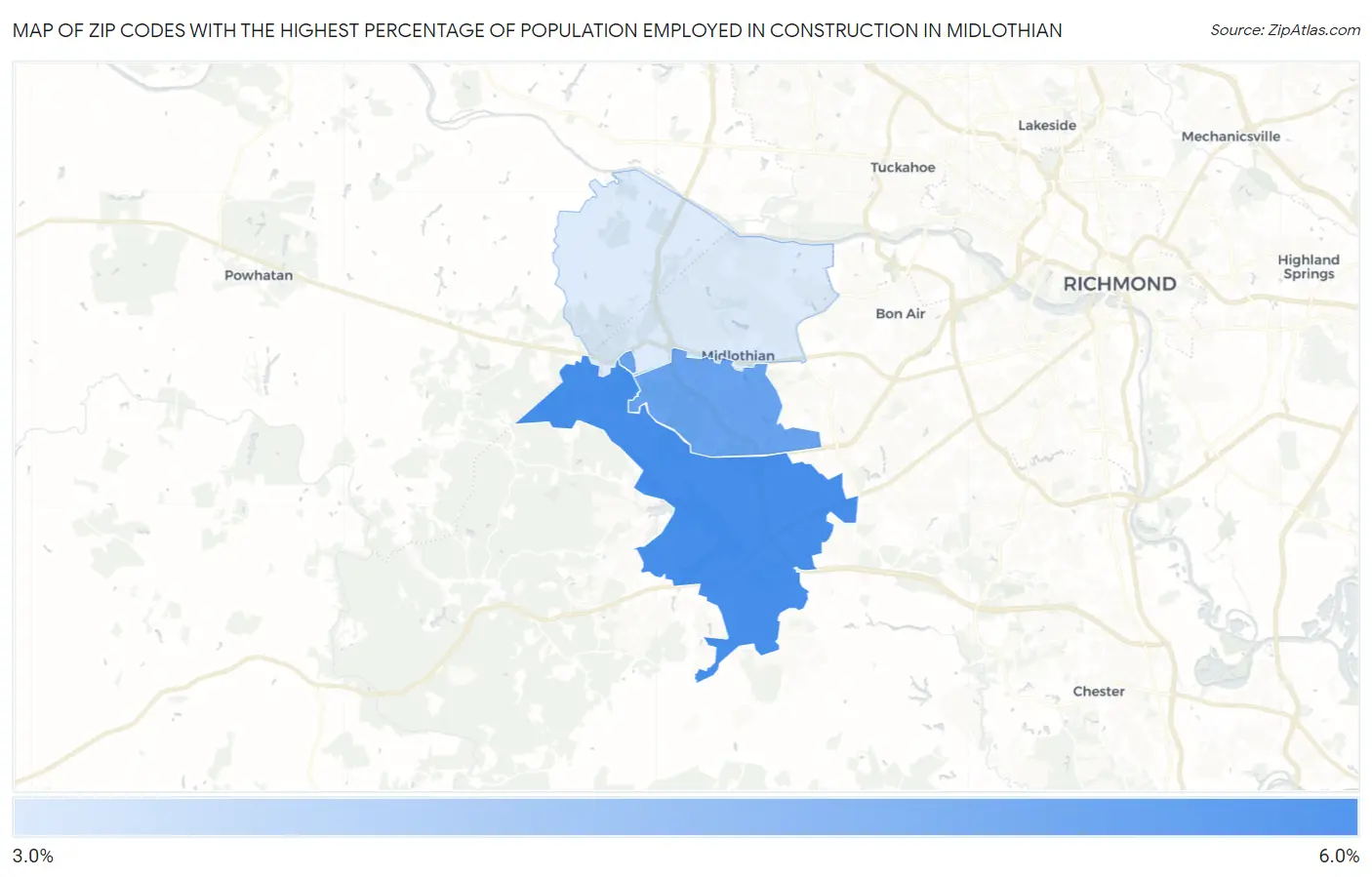 Zip Codes with the Highest Percentage of Population Employed in Construction in Midlothian Map
