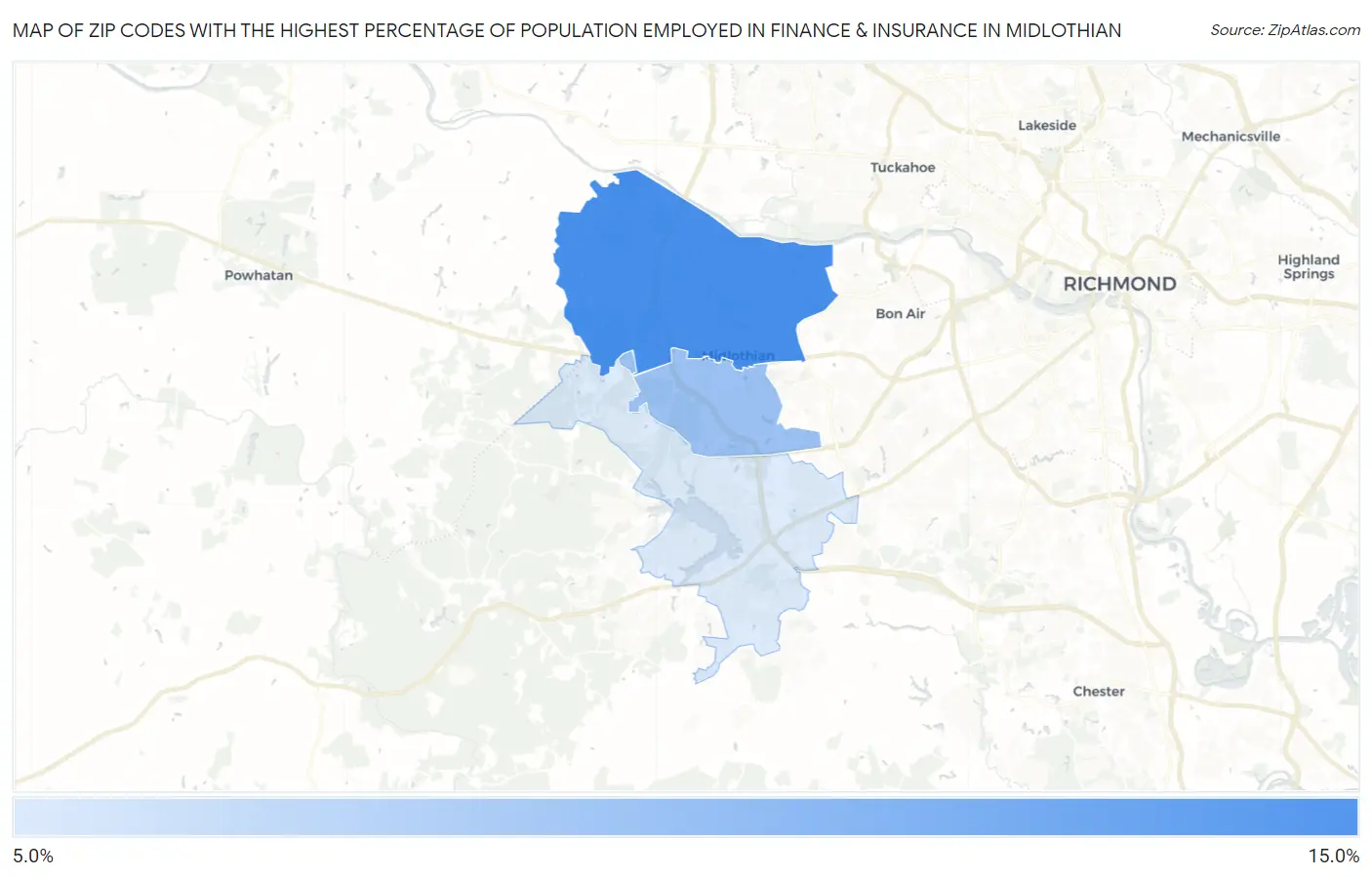 Zip Codes with the Highest Percentage of Population Employed in Finance & Insurance in Midlothian Map