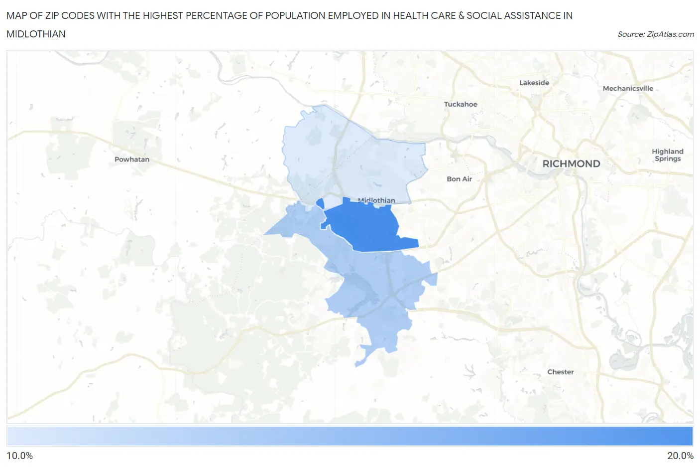 Zip Codes with the Highest Percentage of Population Employed in Health Care & Social Assistance in Midlothian Map