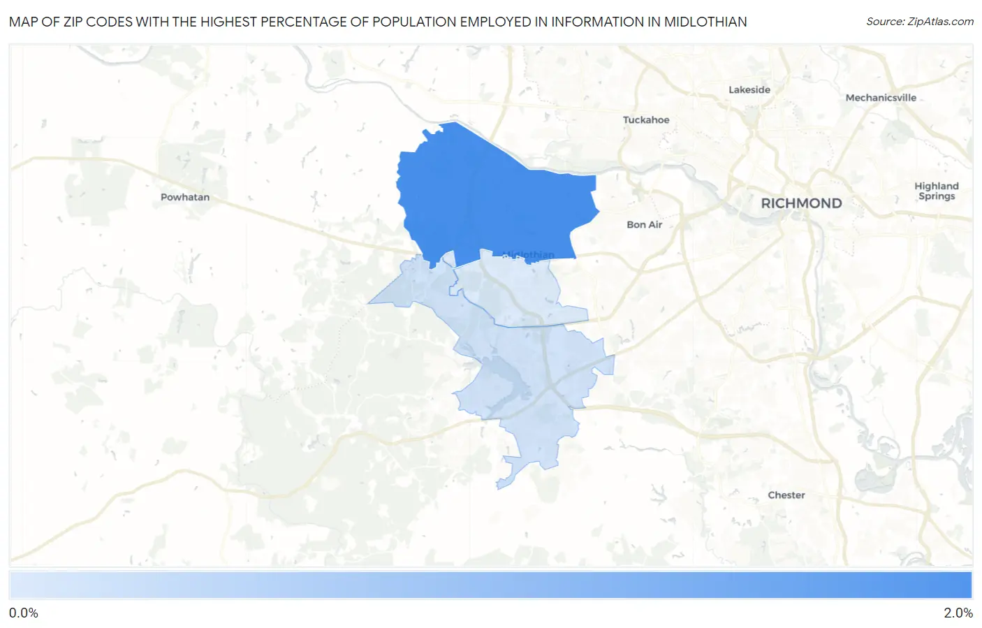 Zip Codes with the Highest Percentage of Population Employed in Information in Midlothian Map