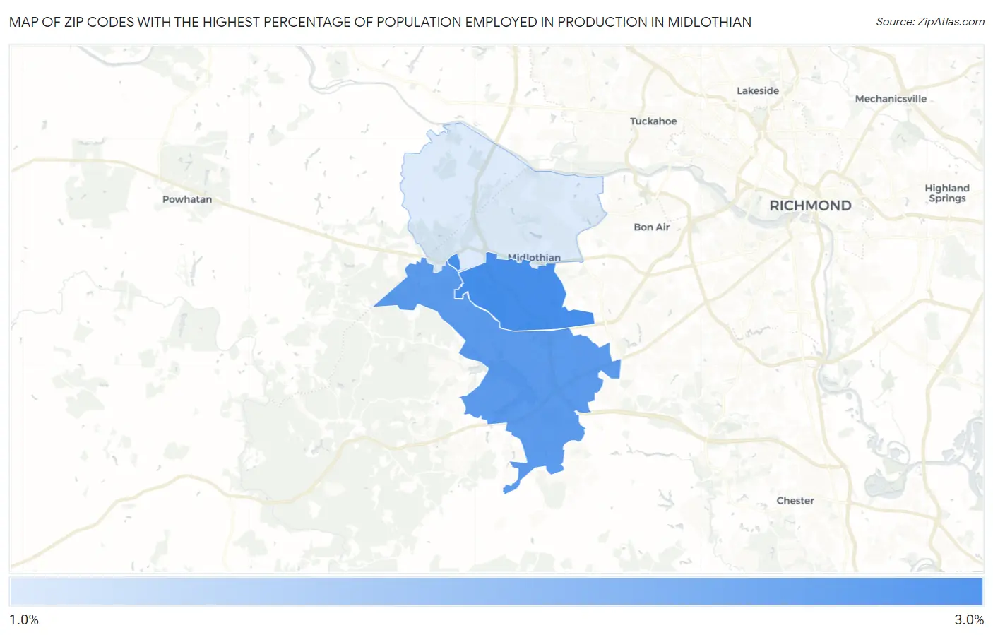 Zip Codes with the Highest Percentage of Population Employed in Production in Midlothian Map