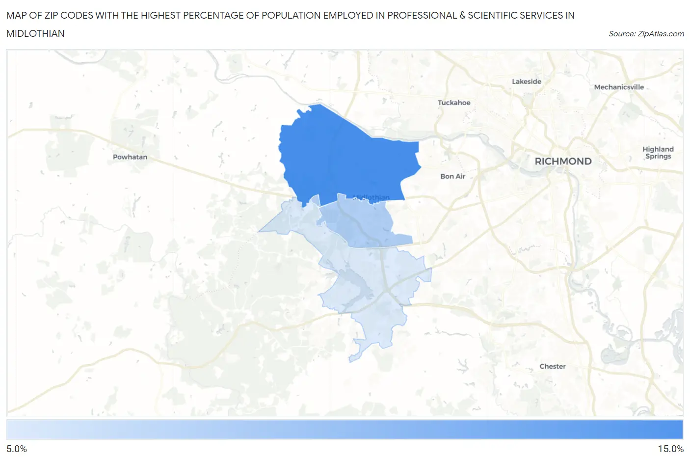 Zip Codes with the Highest Percentage of Population Employed in Professional & Scientific Services in Midlothian Map