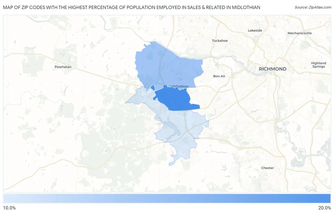Zip Codes with the Highest Percentage of Population Employed in Sales & Related in Midlothian Map
