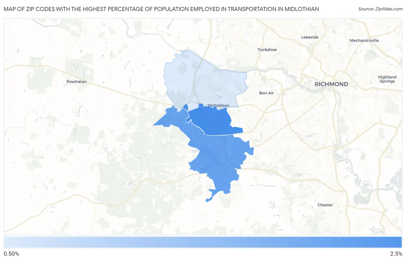 Zip Codes with the Highest Percentage of Population Employed in Transportation in Midlothian Map