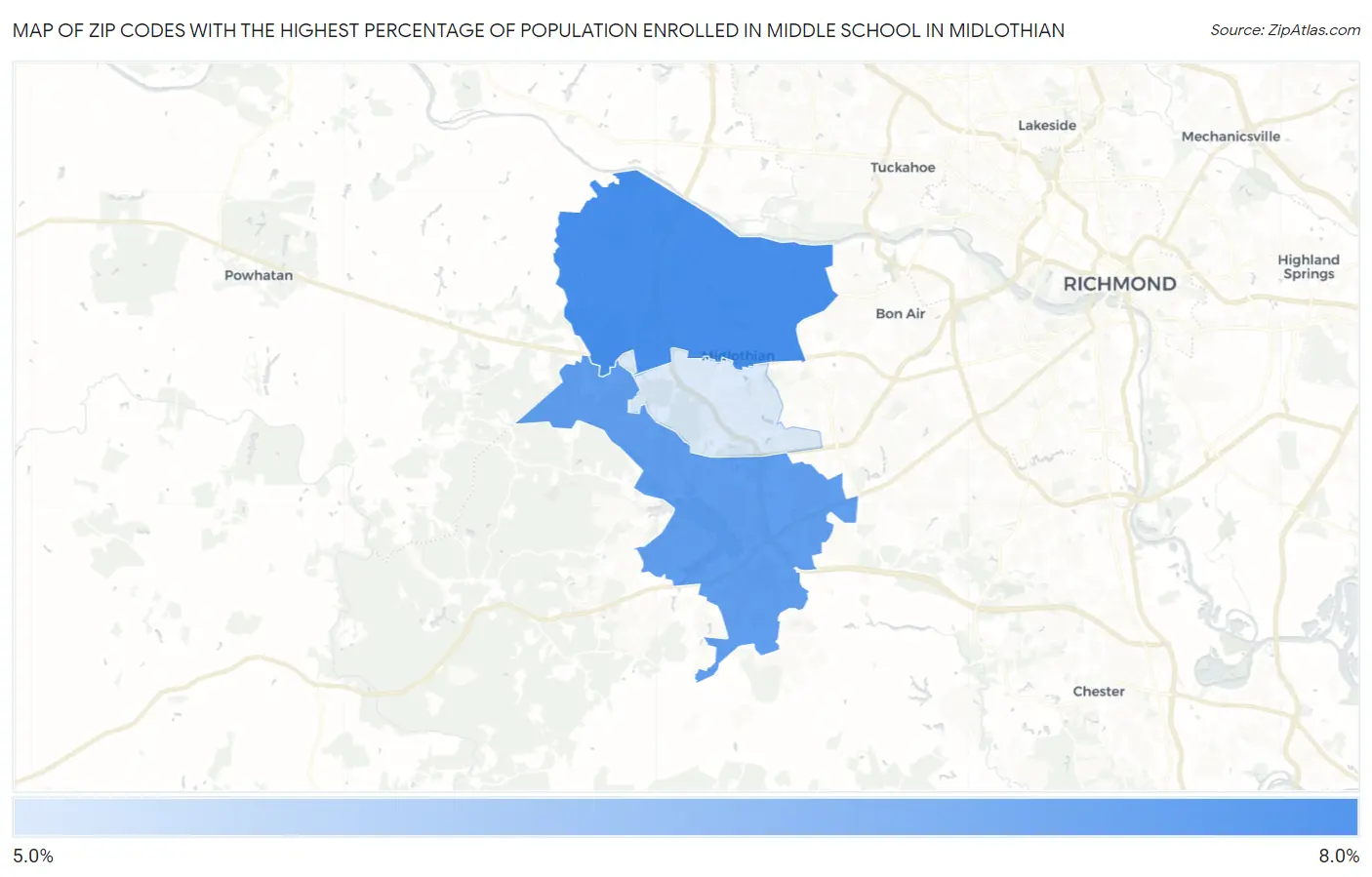 Zip Codes with the Highest Percentage of Population Enrolled in Middle School in Midlothian Map