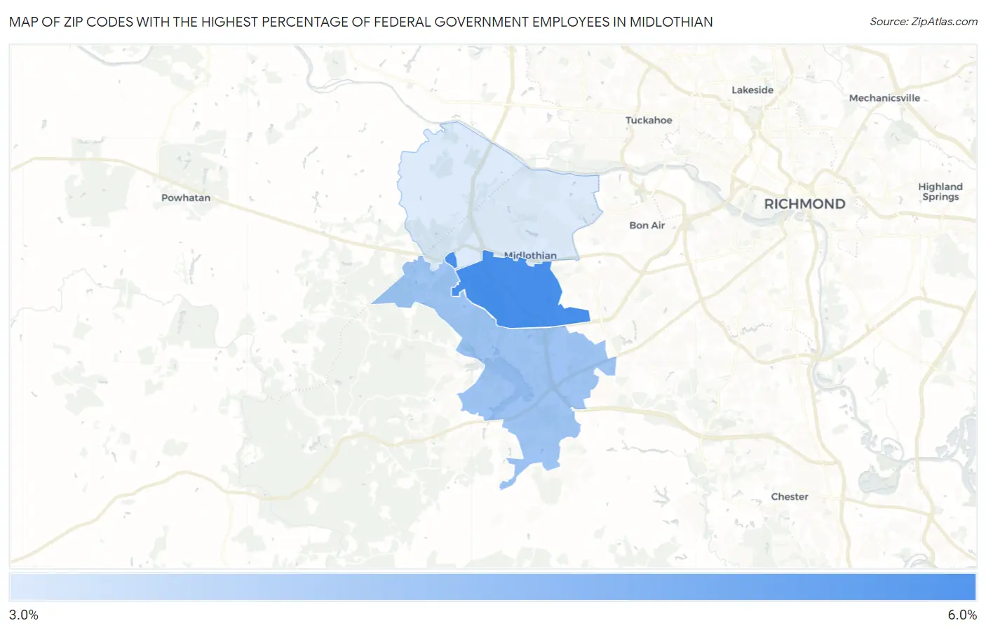 Zip Codes with the Highest Percentage of Federal Government Employees in Midlothian Map