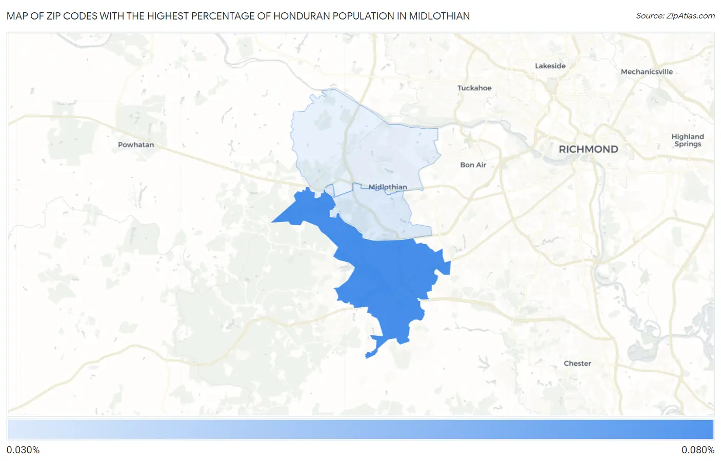 Zip Codes with the Highest Percentage of Honduran Population in Midlothian Map