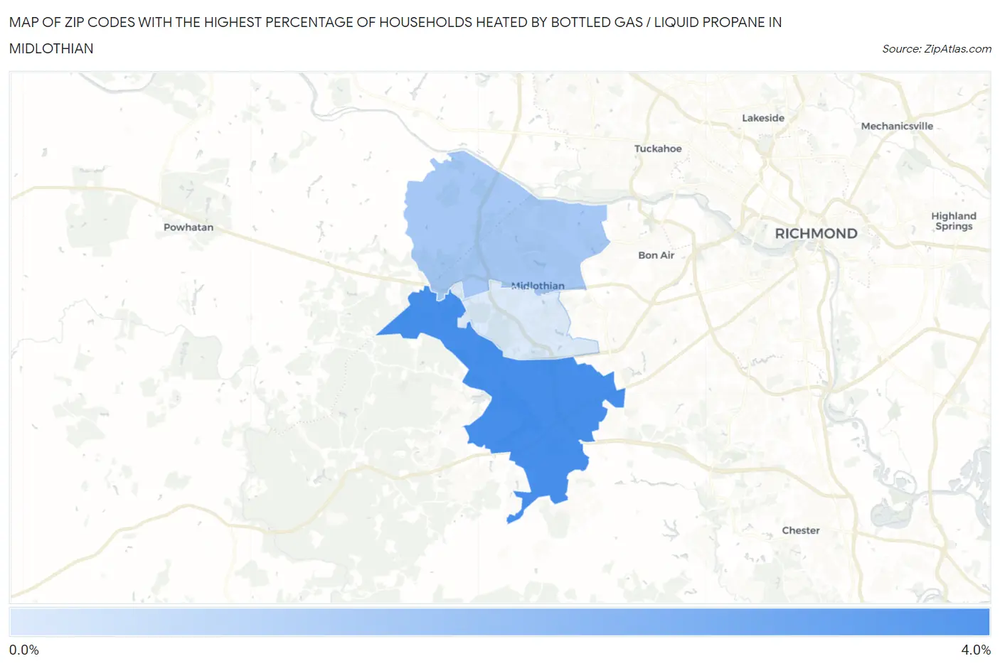 Zip Codes with the Highest Percentage of Households Heated by Bottled Gas / Liquid Propane in Midlothian Map