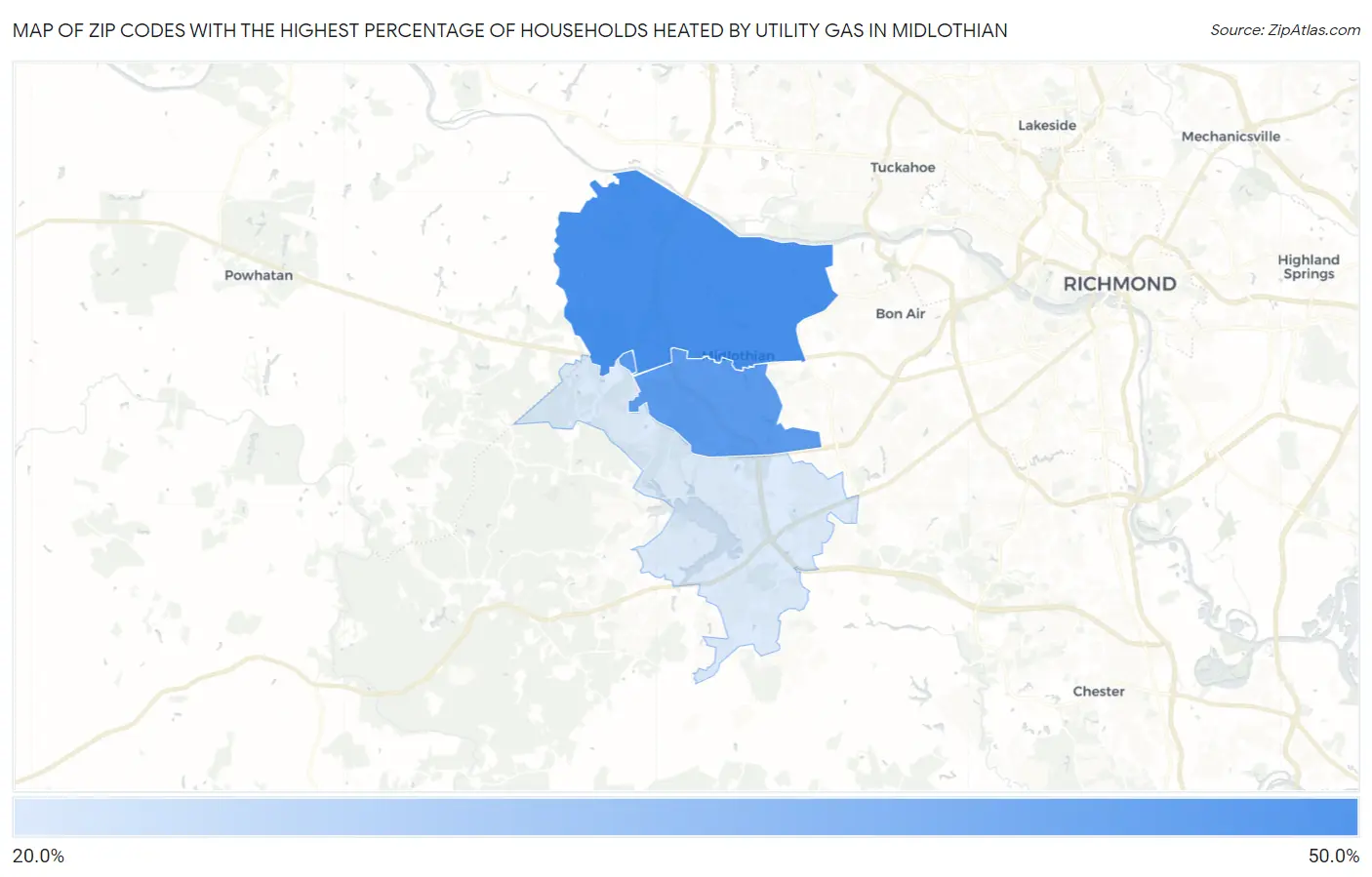Zip Codes with the Highest Percentage of Households Heated by Utility Gas in Midlothian Map