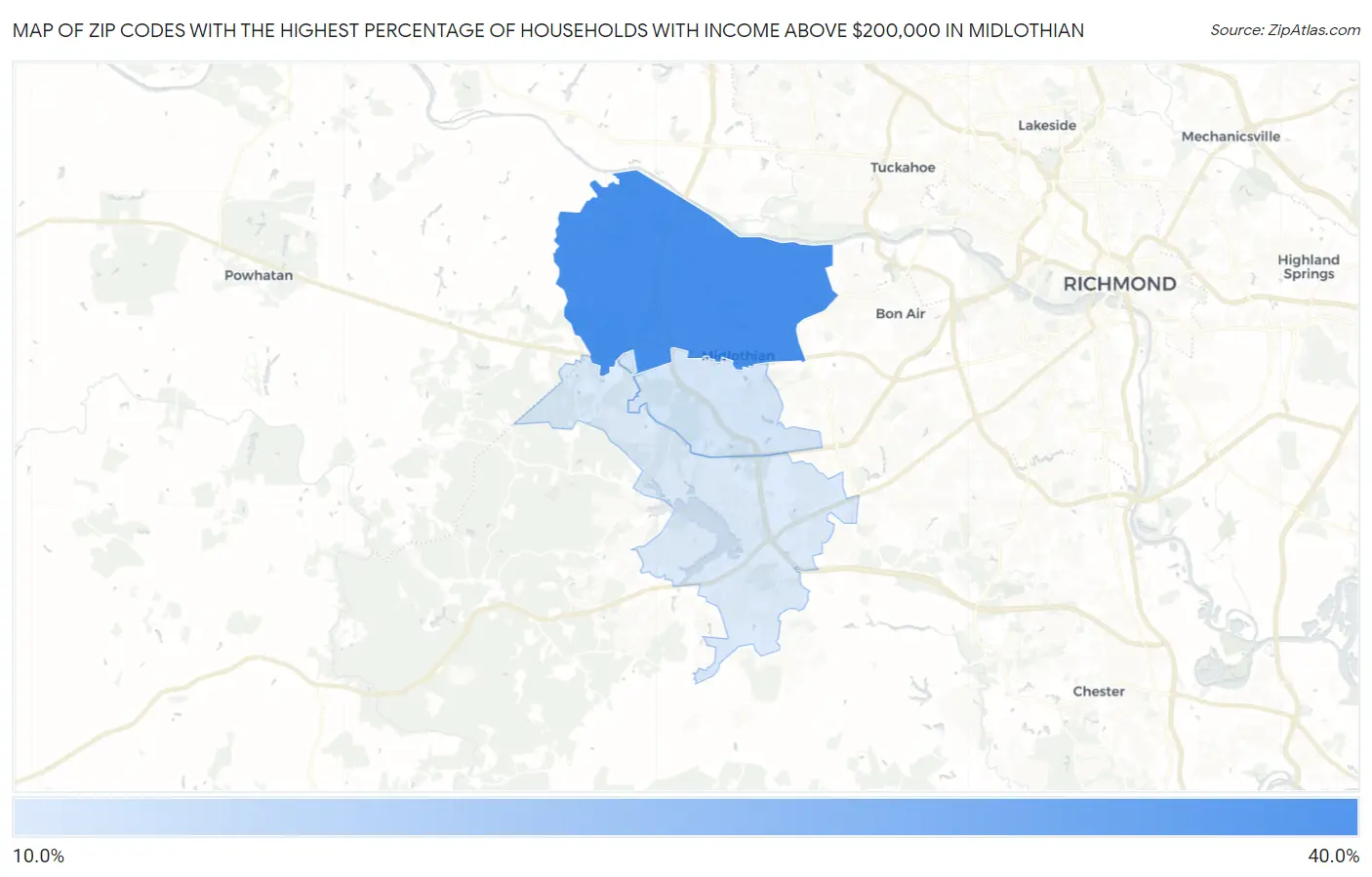 Zip Codes with the Highest Percentage of Households with Income Above $200,000 in Midlothian Map
